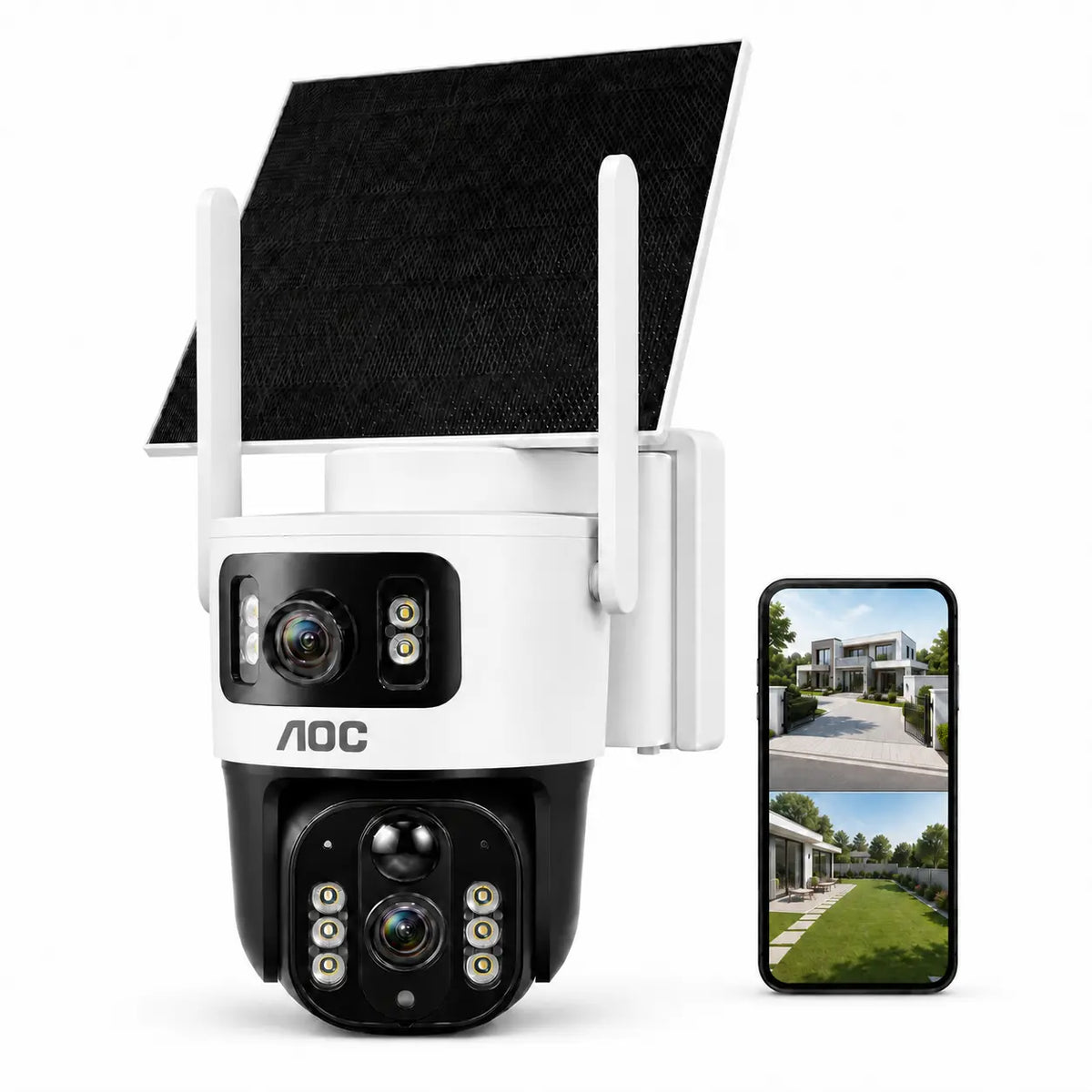 AOC 4G LTE Solar Outdoor Security Camera - Dual-Lens, AI Tracking, Color Night Vision, 2-Way Audio, No Wifi Needed, 7-Day Free Trial