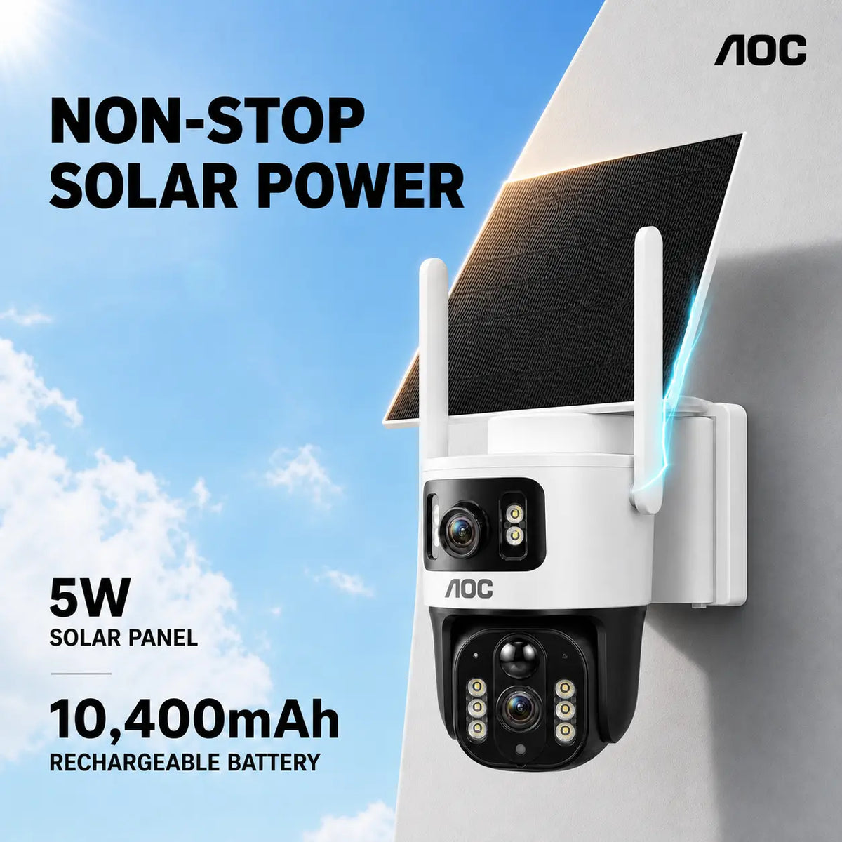 AOC 4G LTE Solar Outdoor Security Camera - Dual-Lens, AI Tracking, Color Night Vision, 2-Way Audio, No Wifi Needed, 7-Day Free Trial