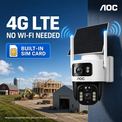 AOC 4G LTE Solar Outdoor Security Camera - Dual-Lens, AI Tracking, Color Night Vision, 2-Way Audio, No Wifi Needed, 7-Day Free Trial