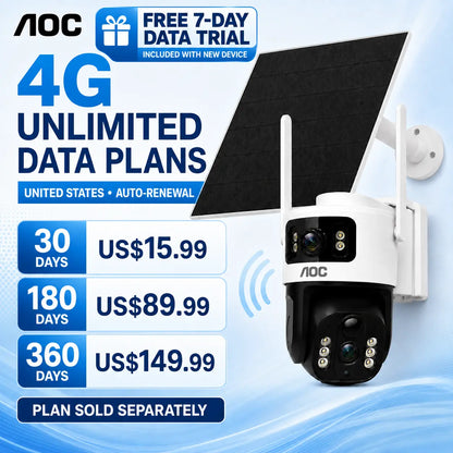 AOC 4G LTE Solar Outdoor Security Camera - Dual-Lens, AI Tracking, Color Night Vision, 2-Way Audio, No Wifi Needed, 7-Day Free Trial