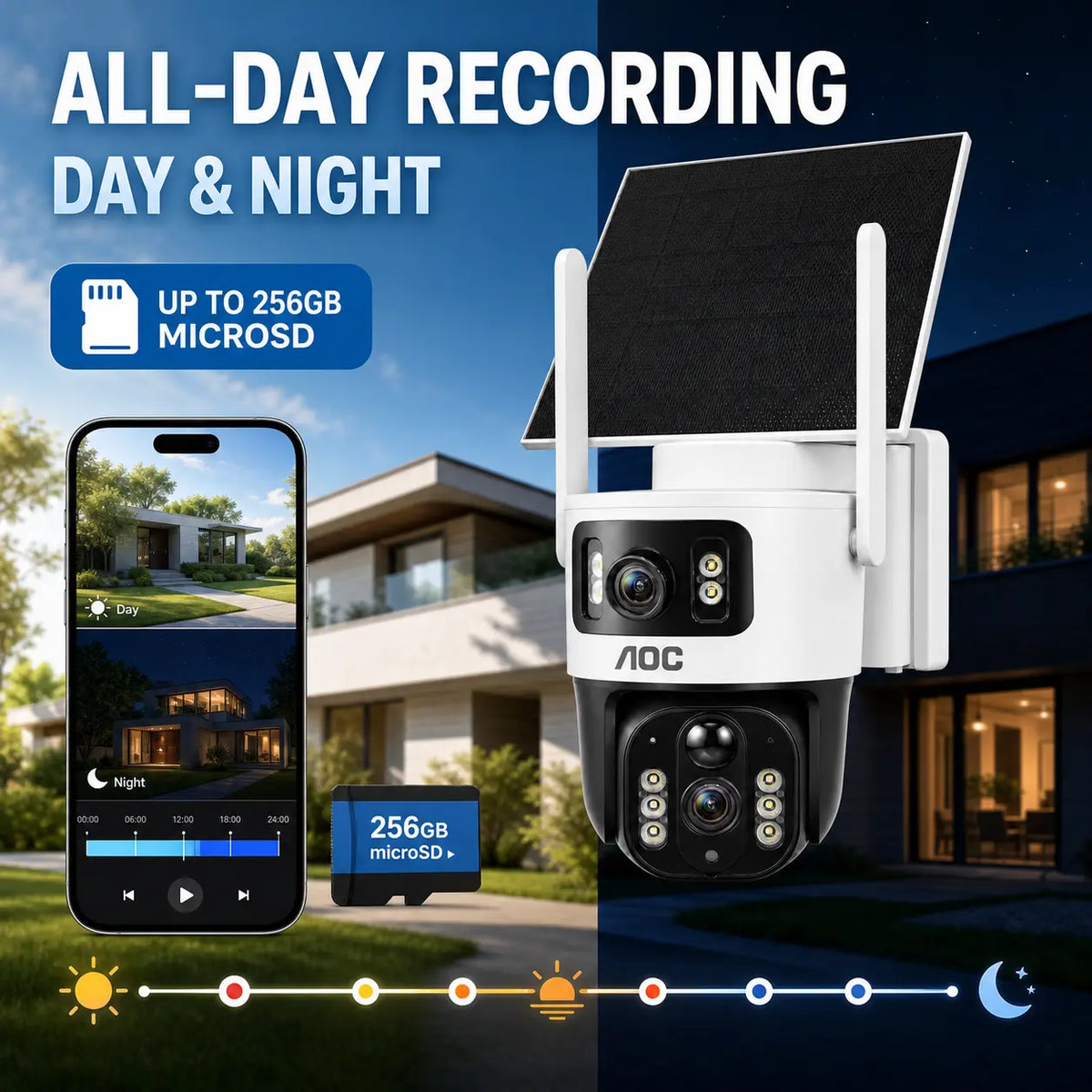 AOC 4G LTE Solar Outdoor Security Camera - Dual-Lens, AI Tracking, Color Night Vision, 2-Way Audio, No Wifi Needed, 7-Day Free Trial