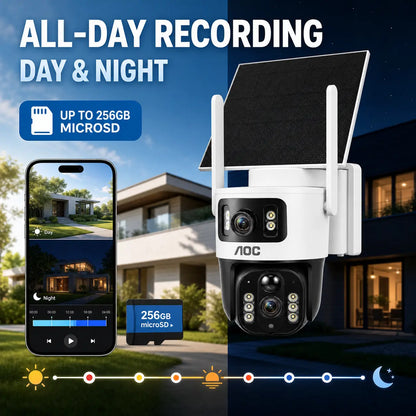 AOC 4G LTE Solar Outdoor Security Camera - Dual-Lens, AI Tracking, Color Night Vision, 2-Way Audio, No Wifi Needed, 7-Day Free Trial